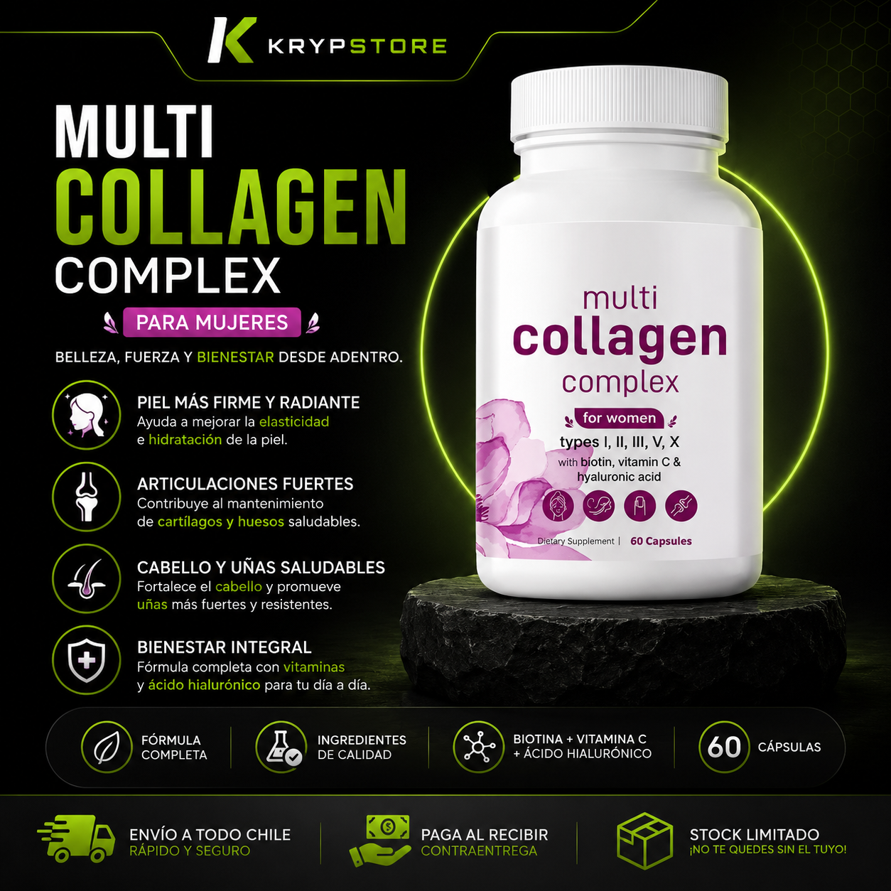 Multi Collagen Complex – Colágeno Tipos I, II, III, V, X (60 cápsulas)
