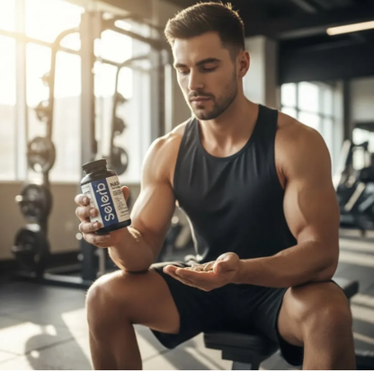 Hombre tomando Selerb NAD+ en el gimnasio